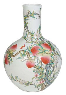 Large Chinese Famille Rose Porcelain Baluster Vase, 20th c., the long neck over baluster sides with bat and peach decoration, on a white ground, the u