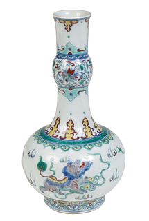 Chinese Doucai Baluster Porcelain Footed Vase, 20th c., with an everted rim over a baluster neck, above a baluster dragon decorated body, the undersid