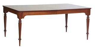 French Louis Philippe Style Carved and Banded Mahogany Dining Table, 20th c., the rounded corner top over a wide skirt, opening to accept leaves, over