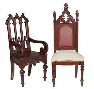 Two Carved Walnut Gothic Chairs, 19th c., one an armchair with a canted triple Gothic arch back, to pierced scrolled arms and a stepped trapezoidal se