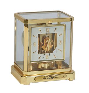 Jaeger LeCoultre Atmos Brass and Glass Mantle Clock, Serial # 257009, 1960-1980, the base with a brass presentation plaque "President, National Consum