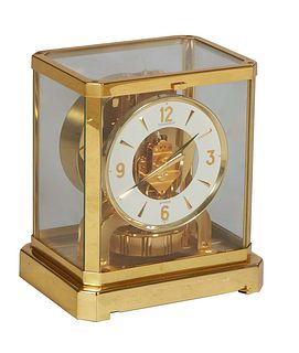 Jaeger LeCoultre Atmos Brass and Glass Mantel Clock, Ser. # 456023, 1960-1980, H.- 9 1/4 in., W.- 8 1/4 in., D.- 6 1/4 in.