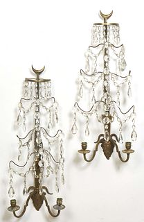 Pair of Fine Swedish Two Light Sconces, 20th c., with a crescent moon topped tapered cut glass spire mounted with curved brass prisms and prism chain 