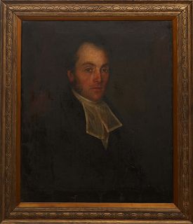 Continental School, "Portrait of a Clergyman," 19th c., oil on canvas, unsigned, with a protective wood board attached to stretcher en verso, presente