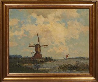 Gerardus Johannes Delfgaauw (Netherlands, 1882-1947), "Windmill by the Shore," early 20th c., oil on canvas, signed lower right, presented in a gilt f