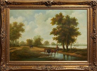 Newton Richards (New Hampshire, 1805-1874), "Cattle Herder," early 20th c., oil on canvas, signed lower left, presented in a gilt frame, H.- 23 3/8 in