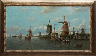 Auguste Henri Musin (Dutch, 1852-1923), "Fishing Boats in Zeeland," early 20th c., oil on canvas, unsigned with an artist plaque on bottom of frame, w