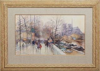 Paul Renard (France, 1941-1997), "View of Notre Dame from Quai de la Tournelle," 20th c., watercolor on paper, signed lower left, presented in a polyc