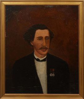 Continental School, "Portrait of a Gentleman with Two Medals," 19th c., oil on canvas, unsigned, presented in a gilt frame, H.- 25 3/4 in., W.- 21 1/2