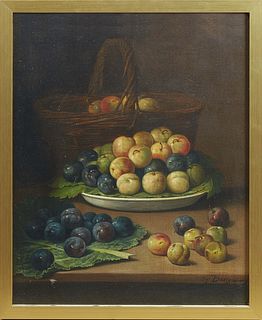 Maurice-Jean Bourguignon (French, 1877-1925), "Still Life of Plums," 20th c., oil on canvas, signed indistinctly lower right, with a Clarke Auction la