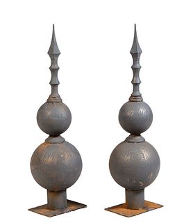 Pair of Gothic Style Architectual Wrought Iron Spires, 20th c., with spear finials atop two graduated orbs, on an integral square base, H.- 43 1/4 in.
