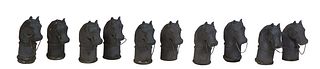 Group of Ten Cast Iron Horse Head Hitching Post Tops, 20th c., six with ring rein ties, H.- 12 1/2 in.,W.- 5 in., D.- 8 3/4 in.