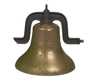 Large Brass and Iron Plantation Bell, 20th c., the yoke with raised letters "Southland Bell Company, Natchez Mississippi," H.- 23 in., W.- 24 in., D.-