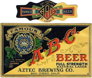 1933 A.B.C. Beer Label 16oz One Pint WS30-23 San Diego, California