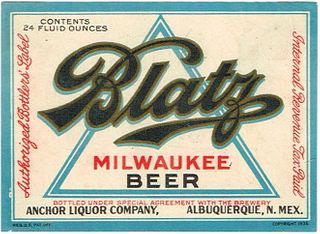 1938 Blatz Milwaukee Beer Label 24oz WI288-76 Milwaukee, Wisconsin