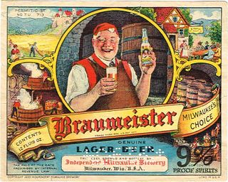 1934 Braumeister Lager Beer 12oz Label WI311-34V1 Milwaukee, Wisconsin