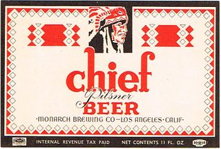 1938 Chief Pilsner Beer 11oz Label WS18-25 Los Angeles, California
