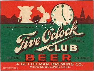 1937 Five O'Clock Club Beer 12oz Label WI341-16 Milwaukee, Wisconsin