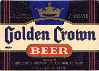 1938 Golden Crown Beer Label 64oz Half Gallon WS12-16 Los Angeles, California