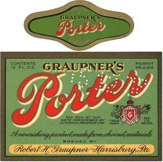 1935 Graupner's Porter 12oz Label PA37-06 Harrisburg, Pennsylvania