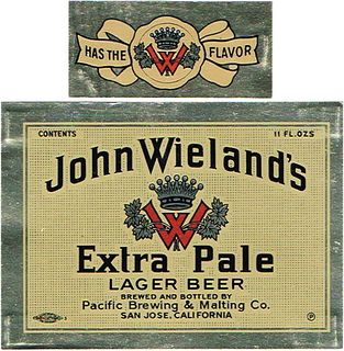 1950 John Wieland's Extra Pale Lager Beer 11oz Label San Jose, California