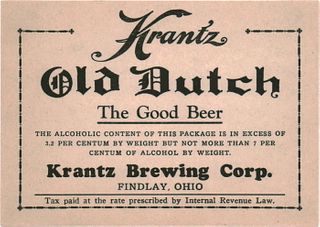 1938 Krantz Old Dutch Beer Label No Ref. Keg or Case Label OH68-13 Findlay, Ohio