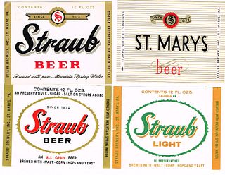 Lot of 4 Unused 1940s-60s Straub Beer Labels Saint Marys, Pennsylvania