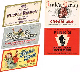 Lot of 5 1930s Fink's Beer Labels Harrisburg, Pennsylvania