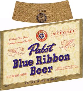 1944 Pabst Blue Ribbon Beer Quart Label WI286-114 Milwaukee, Wisconsin