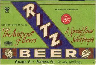 1933 Ritz Beer 11oz Label WS50-23 San Jose, California
