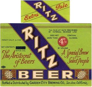 1933 Ritz Lager Beer 11oz Label WS40-23 San Francisco, California