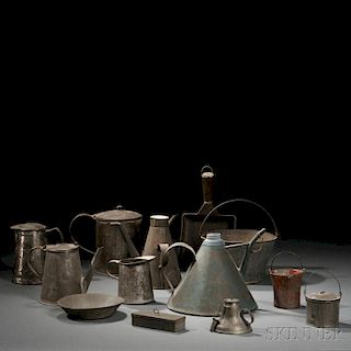 Twelve Pieces of Tinware and a Small Lead Pail
