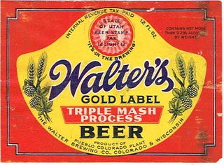 1940 Walter's Gold Label Beer 12oz Label WS64-15 Pueblo, Colorado
