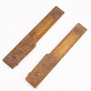 Tiffany Studios, New York, Pair of Bronze Blotter Pad Ends in American Indian Pattern