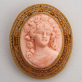 Fine Antique 18k Gold and Coral Cameo Pendant/Brooch