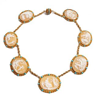 Exceptional circa 1830 18k gold carved cameo necklace with classic mythological scene