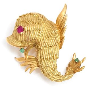 14K gold, ruby and emerald fish brooch