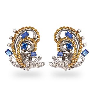 A PAIR OF PLATINUM, 18K GOLD, SAPPHIRE AND DIAMOND EARCLIPS