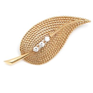 Tiffany & Co Signed Gold and Diamond Leaf Brooch 