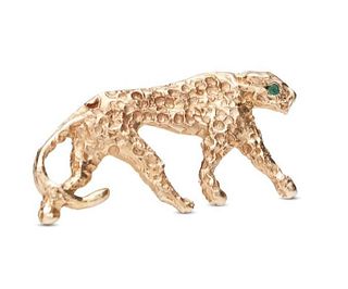 14k Gold Leopard Brooch with an Emerald Eye