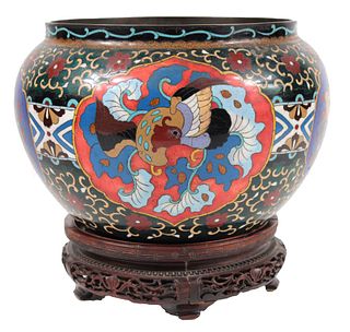 Chinese Cloisonne Bowl on Hardwood Stand