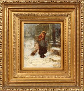 Oil on Board, Girl Sweeping Snow
