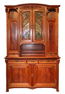 Art Nouveau Carved Mahogany and Lead Glass Buffet