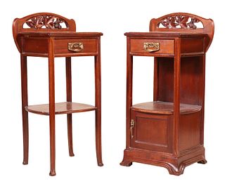 Two Art Nouveau Mahogany Marble Top Side Tables 