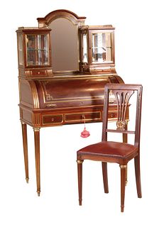 Louis XVI Style Brass Inlaid Cylinder Front Desk
