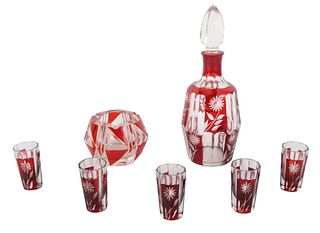Bohemian Red Cut to Clear Glass Cordial Set