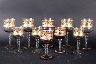 Set of Gilt-Decorated Colored Glass Stemware