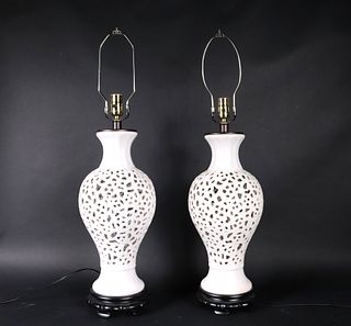 Pair of White-Glazed Ceramic Reticulated Lamps