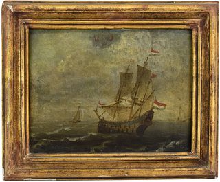 French School, Oil on Panel, War Ship at Sea