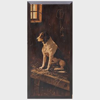 Oil on Wooden Panel Painting Depicting a Hunting Hound in a Barn